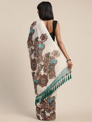 Cream-Coloured & Brown Linen Blend Ethnic Printed Saree 2