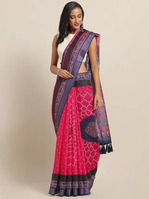 Pink & Blue Cotton Blend Printed Bandhani Saree 1
