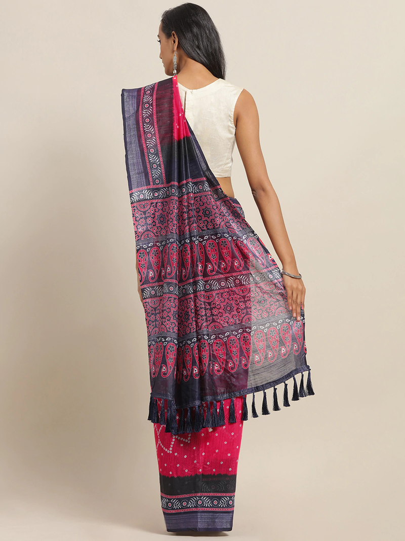 Pink & Blue Cotton Blend Printed Bandhani Saree