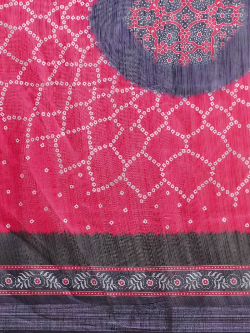 Pink & Blue Cotton Blend Printed Bandhani Saree