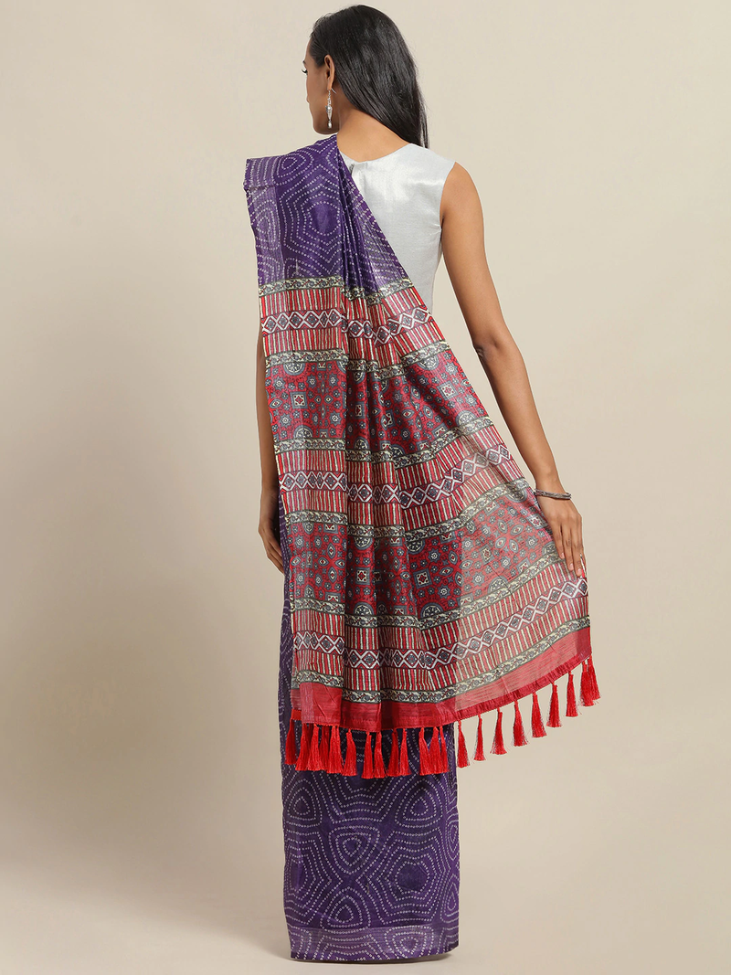 Purple & White Cotton Blend Printed Bandhani Saree