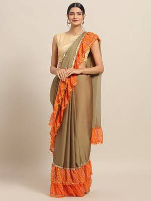 Brown Poly Chiffon Self-Striped Ruffled Designer Bandhej Saree 1