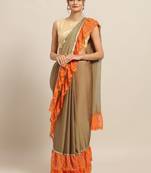 Brown Poly Chiffon Self-Striped Ruffled Designer Bandhej Saree