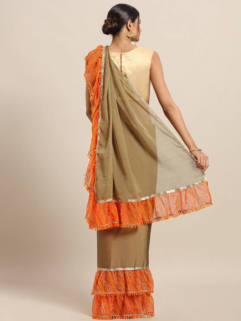 Brown Poly Chiffon Self-Striped Ruffled Designer Bandhej Saree