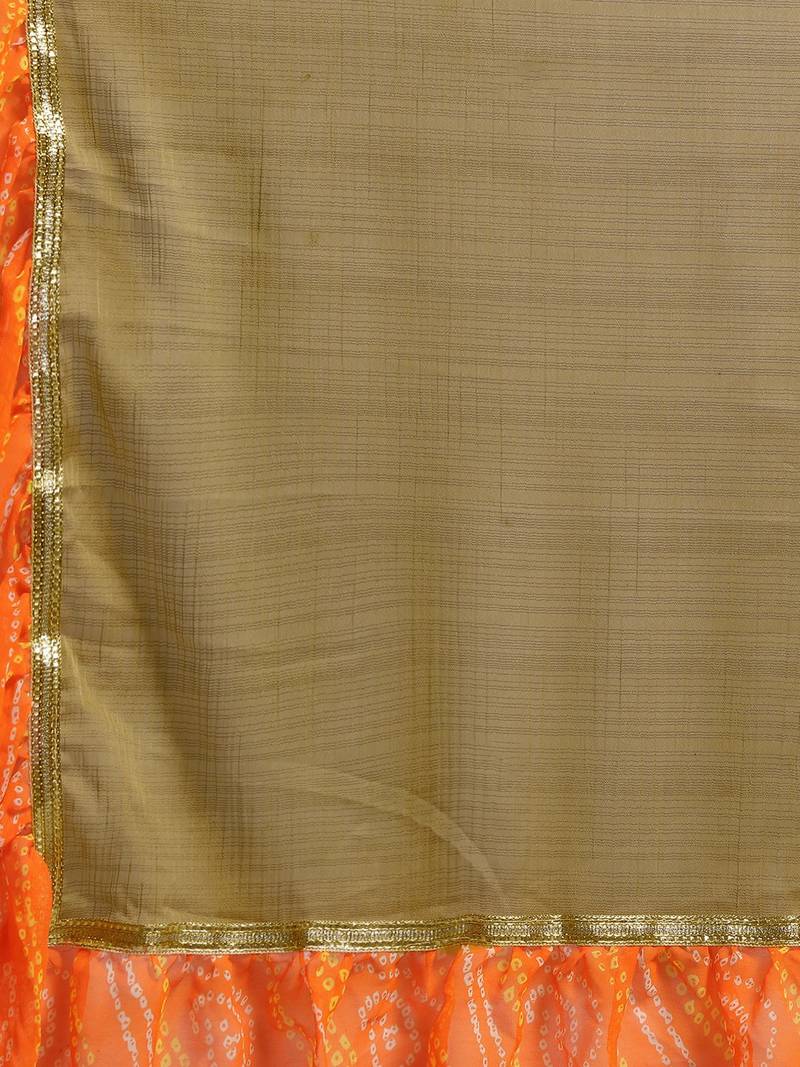 Brown Poly Chiffon Self-Striped Ruffled Designer Bandhej Saree
