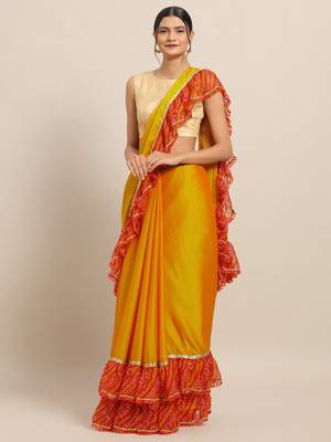 Mustard Yellow Dual Toned Poly Chiffon Solid Ruffled Bandhani Saree 1