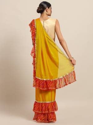 Mustard Yellow Dual Toned Poly Chiffon Solid Ruffled Bandhani Saree 2
