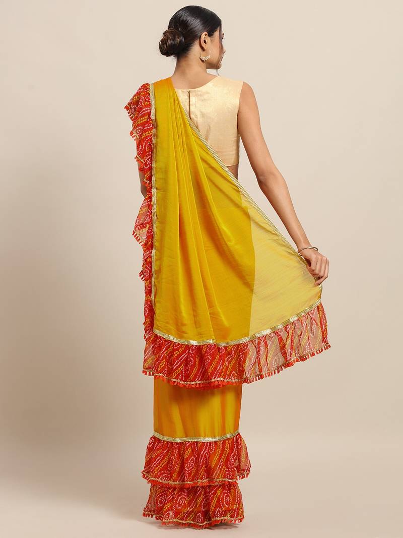 Mustard Yellow Dual Toned Poly Chiffon Solid Ruffled Bandhani Saree
