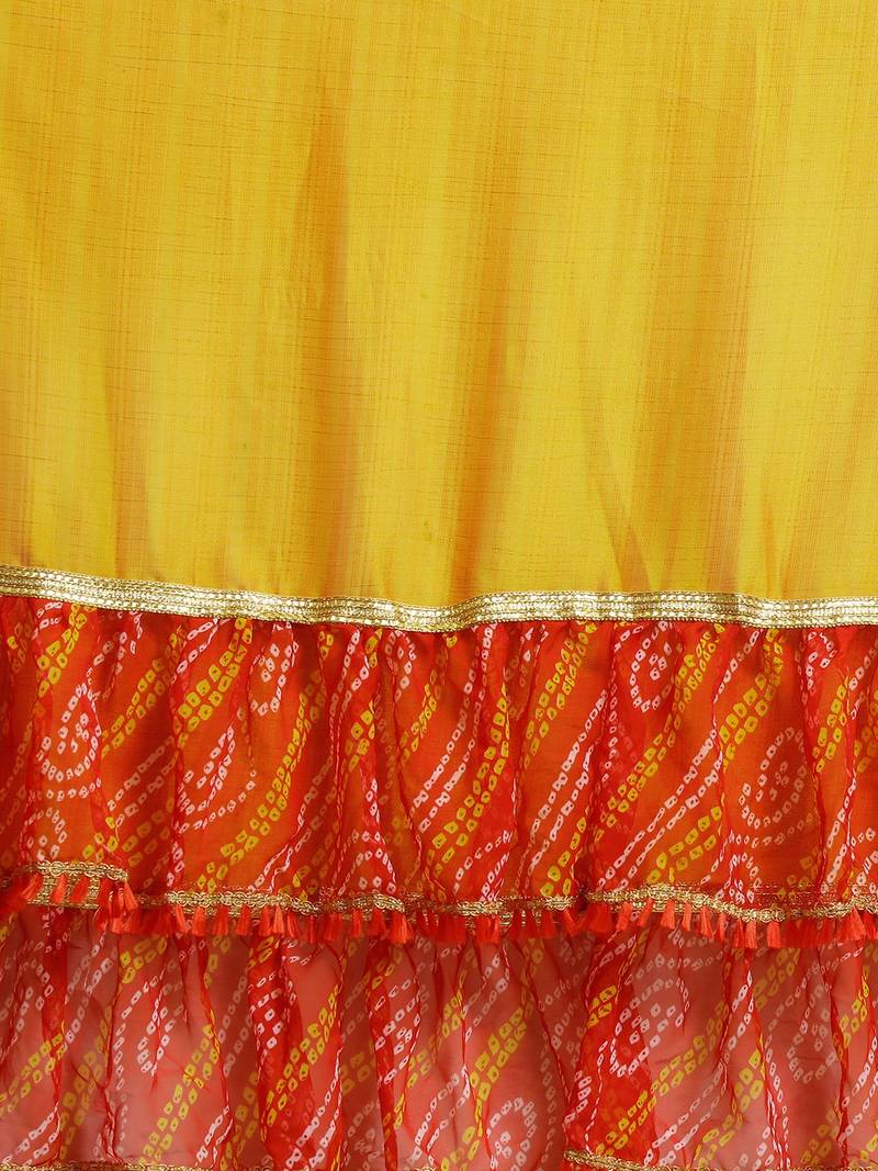 Mustard Yellow Dual Toned Poly Chiffon Solid Ruffled Bandhani Saree