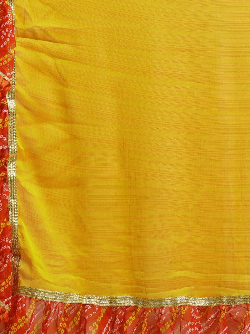 Mustard Yellow Dual Toned Poly Chiffon Solid Ruffled Bandhani Saree