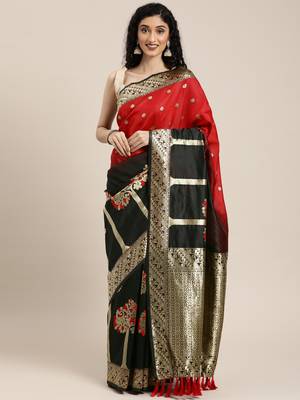 Black & Gold-Toned Silk Blend Woven Design Banarasi Saree 1