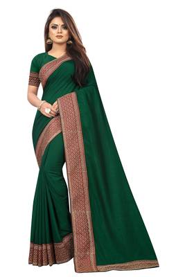 Dark Green Vichitra Silk Embriodered Lace With Blouse Piece. 1