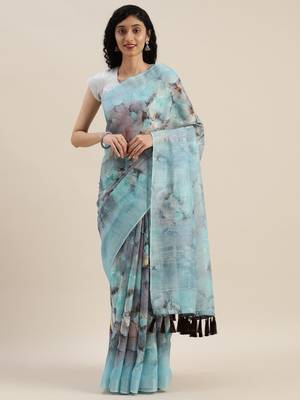 Blue & Black Linen Blend Printed Saree 1