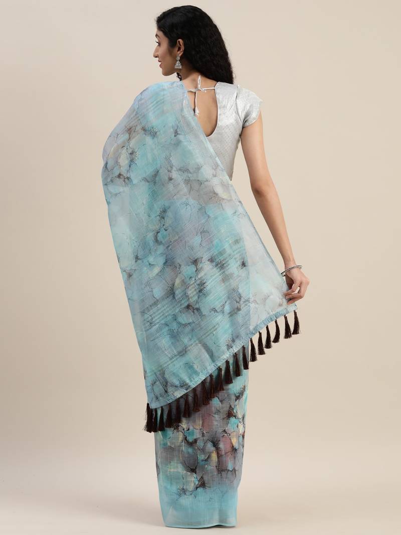 Blue & Black Linen Blend Printed Saree