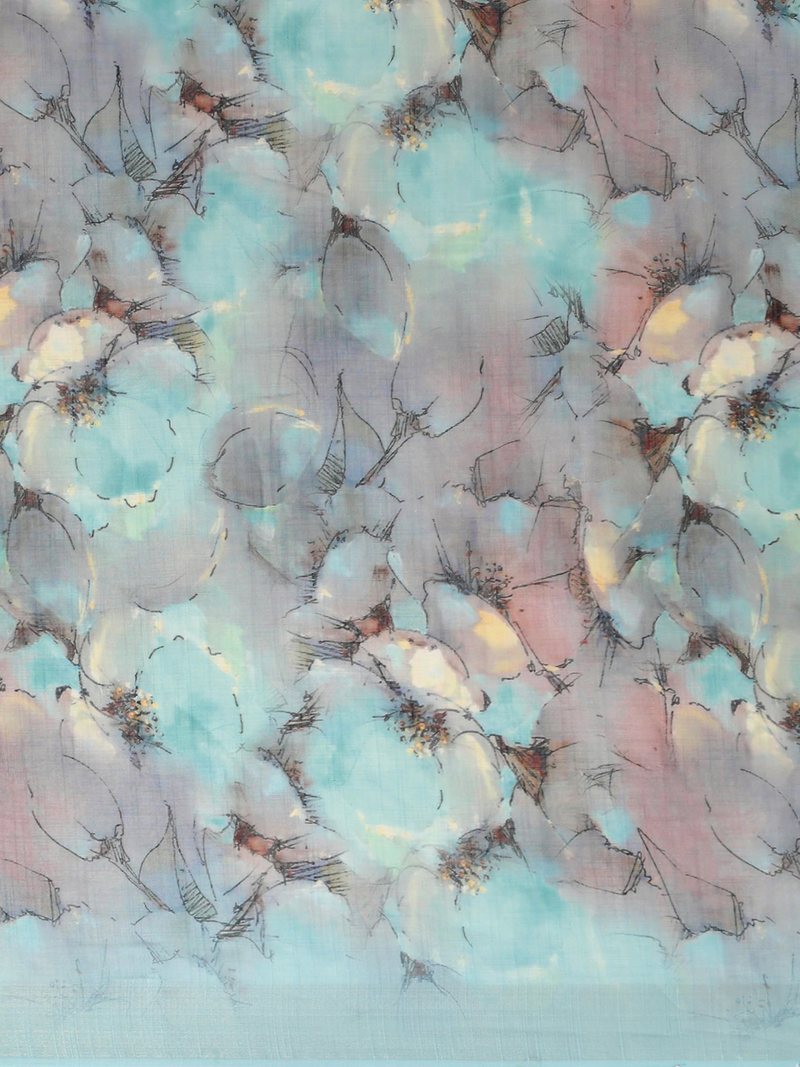 Blue & Black Linen Blend Printed Saree