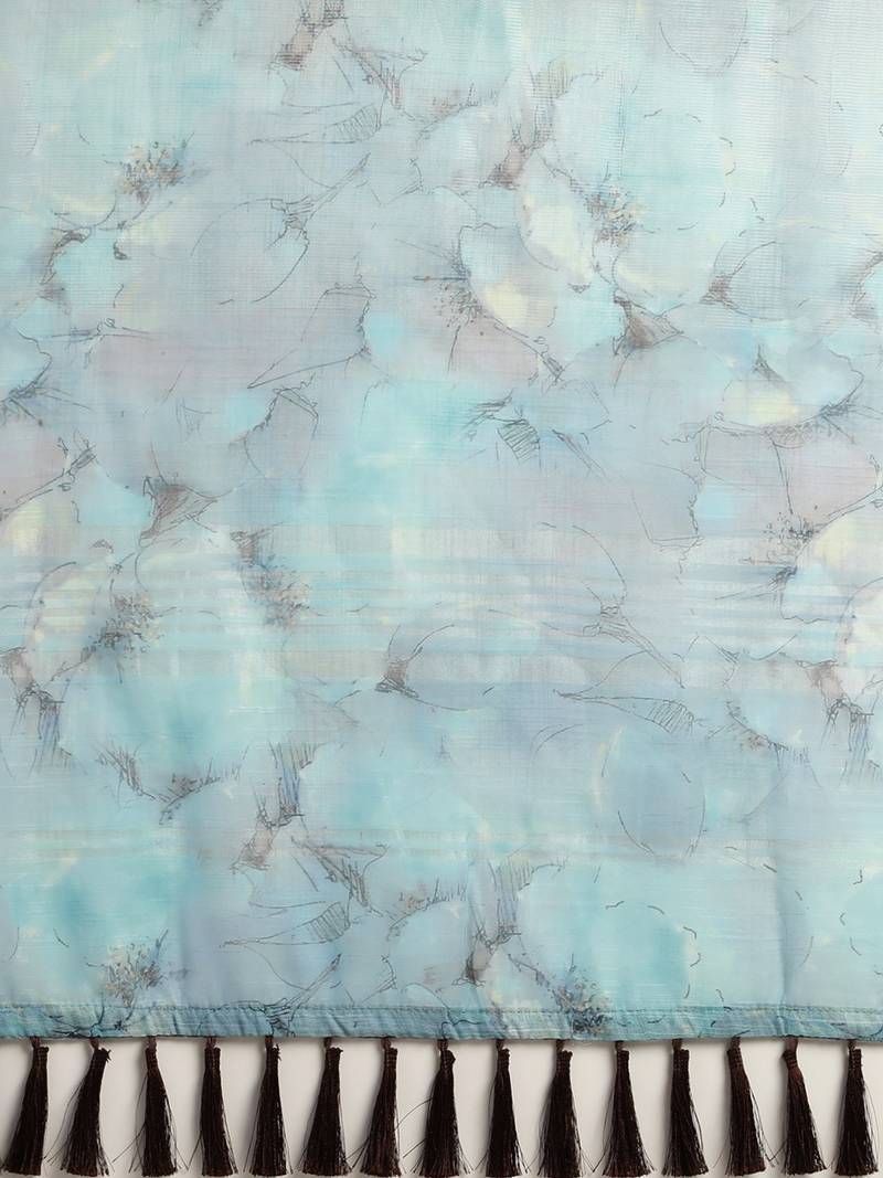 Blue & Black Linen Blend Printed Saree