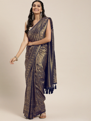 Navy Blue & Gold-Toned Silk Blend Woven Design Banarasi Saree 1