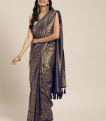 Navy Blue & Gold-Toned Silk Blend Woven Design Banarasi Saree