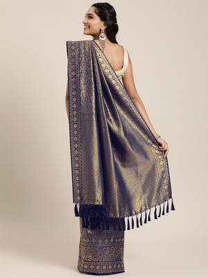 Navy Blue & Gold-Toned Silk Blend Woven Design Banarasi Saree 2