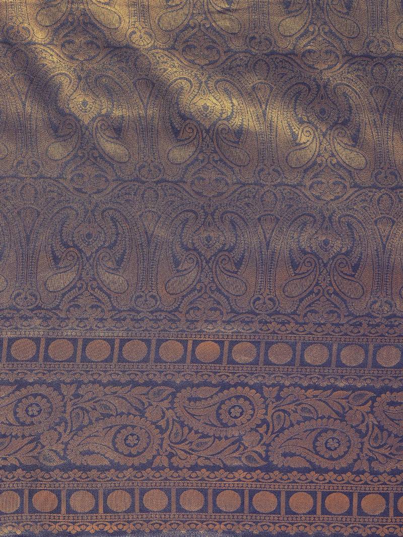 Navy Blue & Gold-Toned Silk Blend Woven Design Banarasi Saree