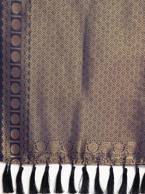 Navy Blue & Gold-Toned Silk Blend Woven Design Banarasi Saree 4