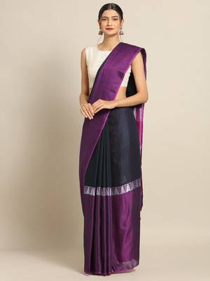 Purple & Black Linen Blend Colourblocked Saree 1