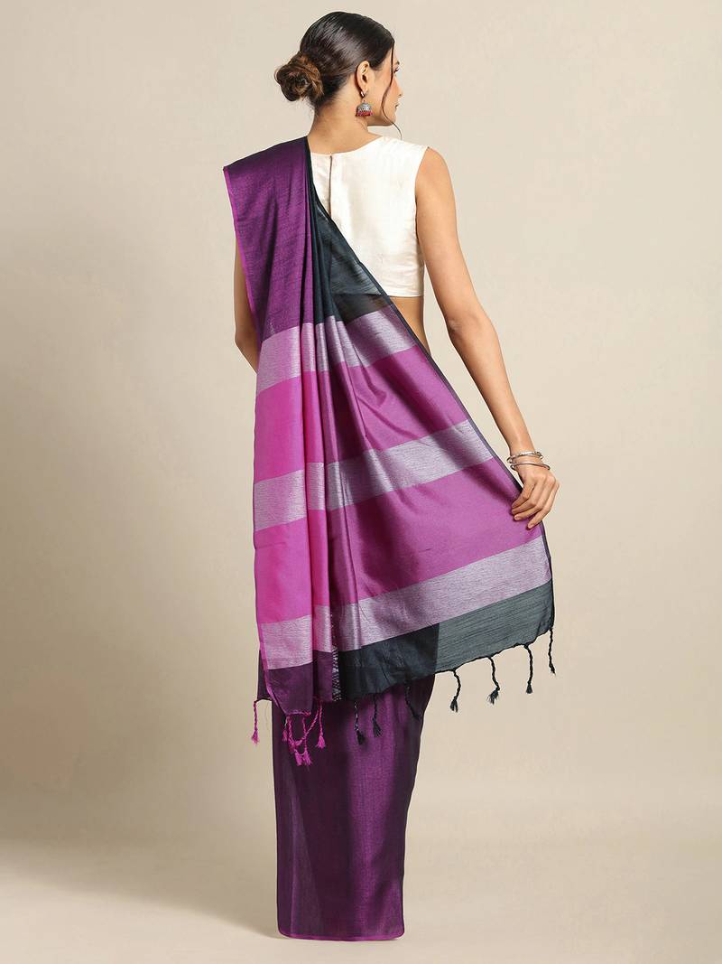 Purple & Black Linen Blend Colourblocked Saree