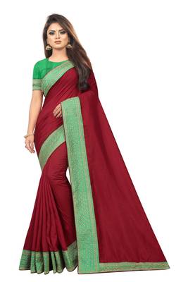 Maroon Vichitra Silk Saree With  Embriodered Lace and Blouse Piece. 1