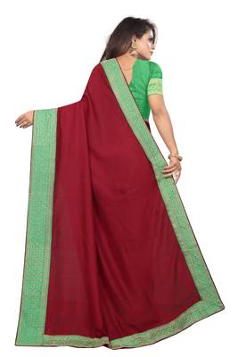 Maroon Vichitra Silk Saree With  Embriodered Lace and Blouse Piece. 2