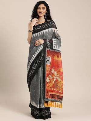 Grey & White Linen Blend Printed Ikat Saree 1
