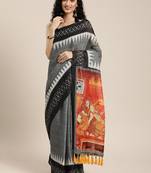 Grey & White Linen Blend Printed Ikat Saree