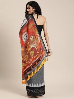 Grey & White Linen Blend Printed Ikat Saree 2