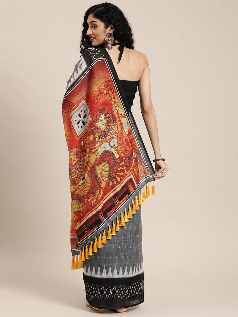 Grey & White Linen Blend Printed Ikat Saree