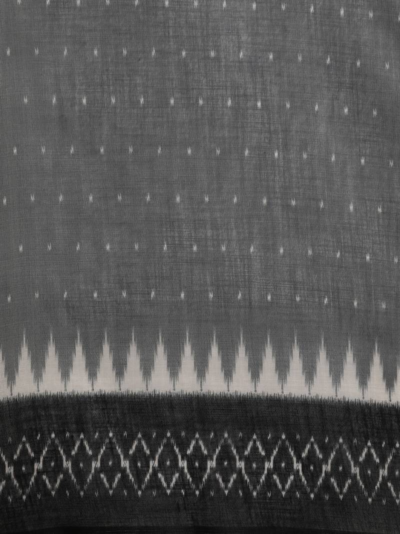 Grey & White Linen Blend Printed Ikat Saree