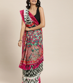 Black & White Linen Blend Printed Ikat Saree