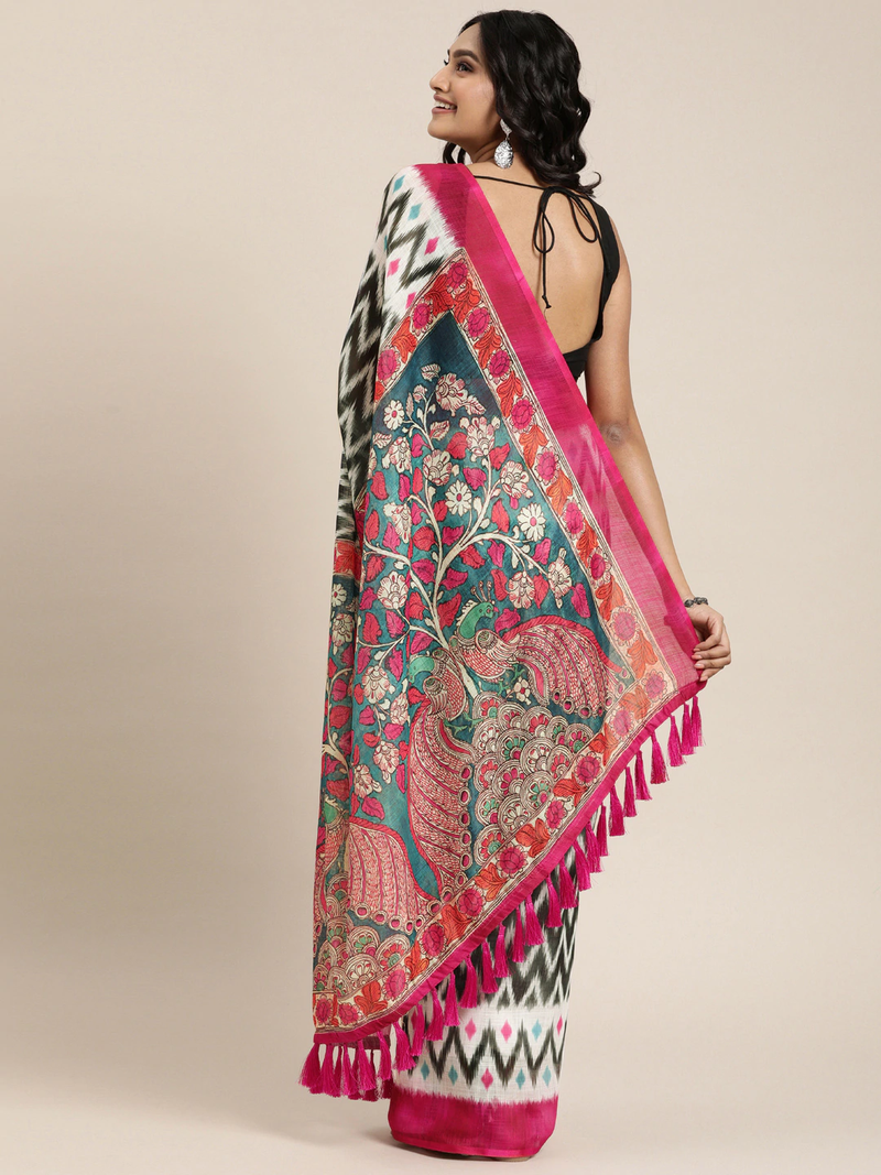Black & White Linen Blend Printed Ikat Saree