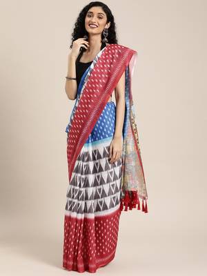 Blue & White Linen Blend Printed Ikat Saree 1
