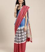 Blue & White Linen Blend Printed Ikat Saree