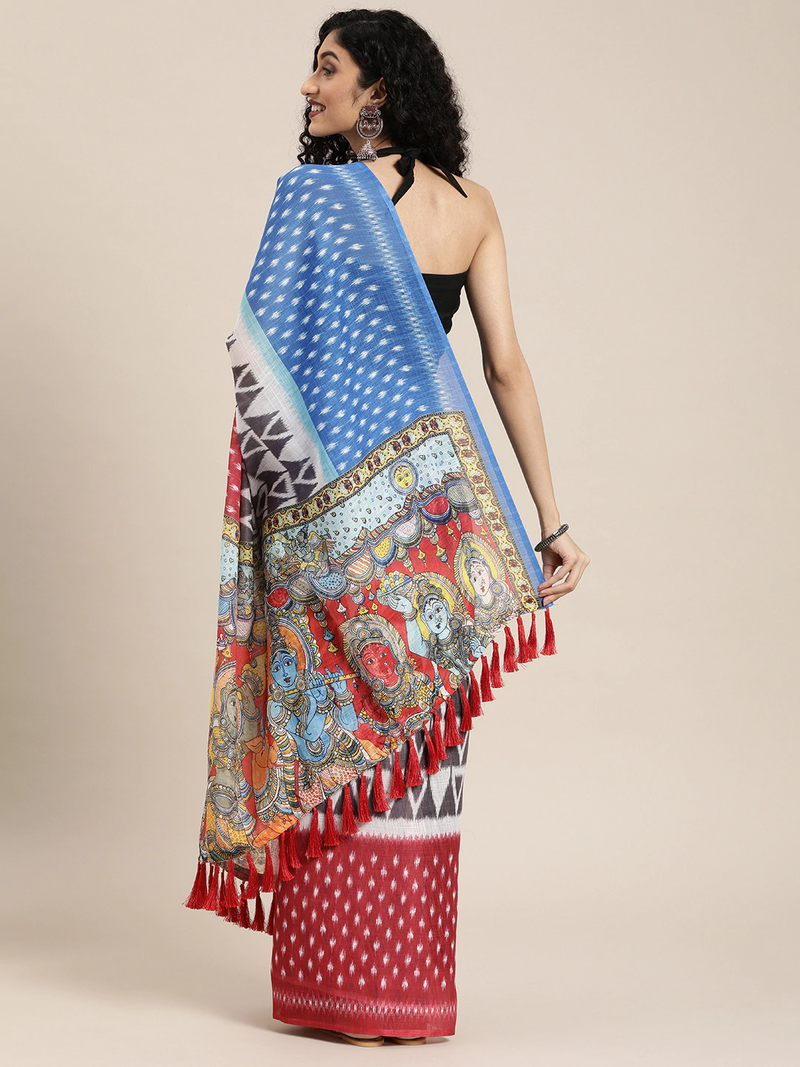 Blue & White Linen Blend Printed Ikat Saree