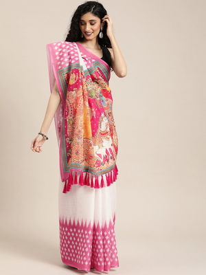 White & Pink Linen Blend Solid Ikat Saree 1