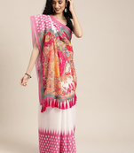 White & Pink Linen Blend Solid Ikat Saree