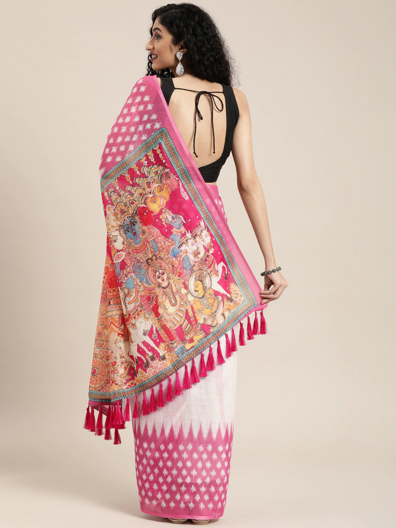 White & Pink Linen Blend Solid Ikat Saree