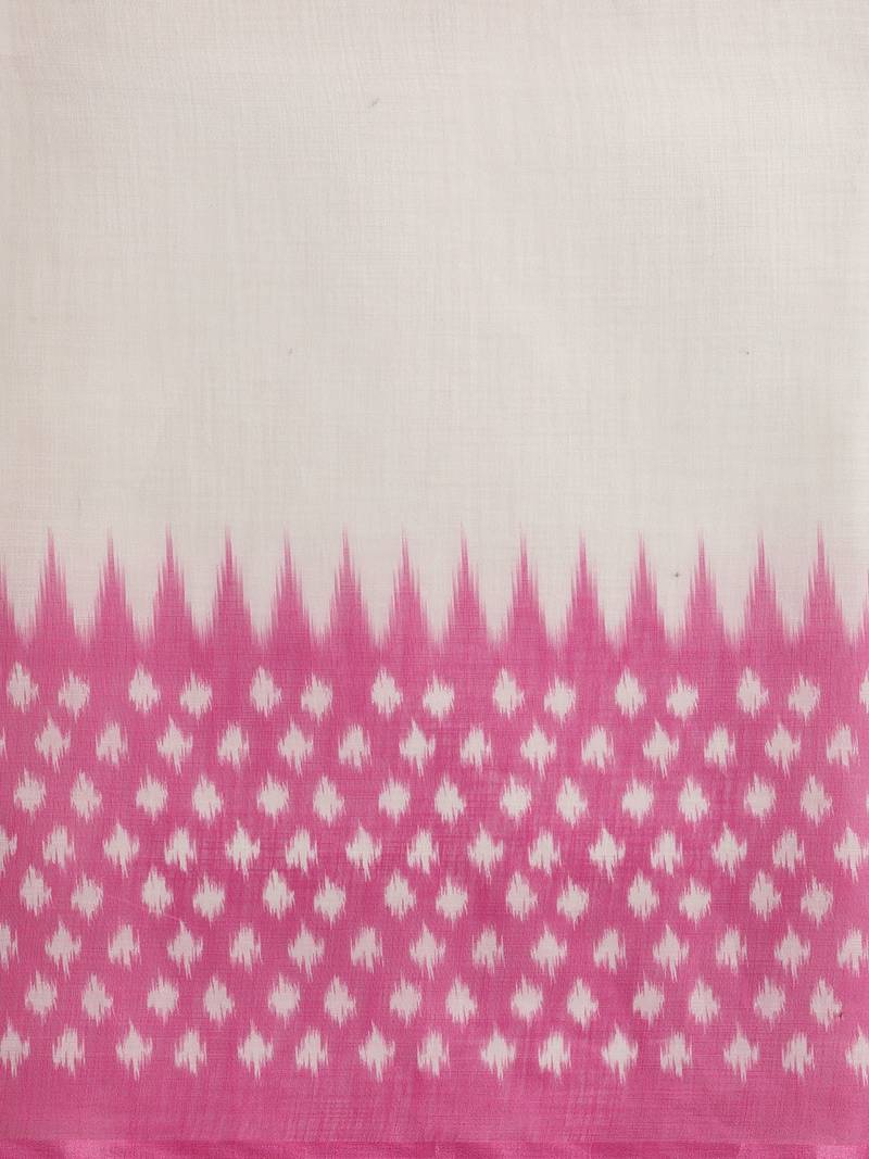 White & Pink Linen Blend Solid Ikat Saree