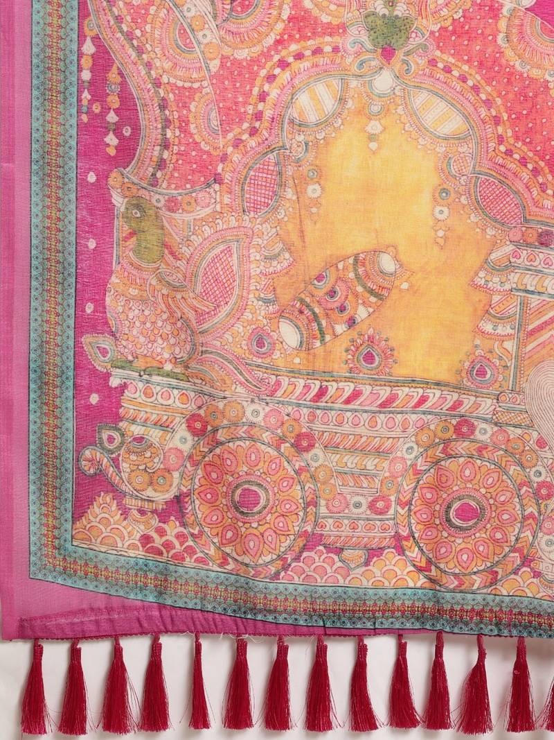 White & Pink Linen Blend Solid Ikat Saree