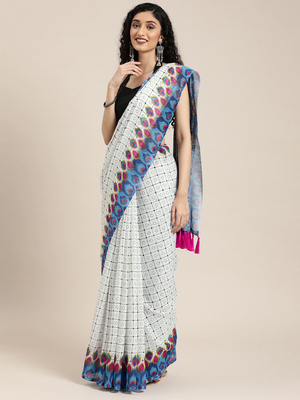 White & Blue Linen Blend Checked Ikat Saree 1
