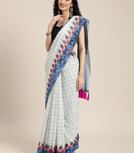 White & Blue Linen Blend Checked Ikat Saree