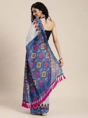 White & Blue Linen Blend Checked Ikat Saree 2