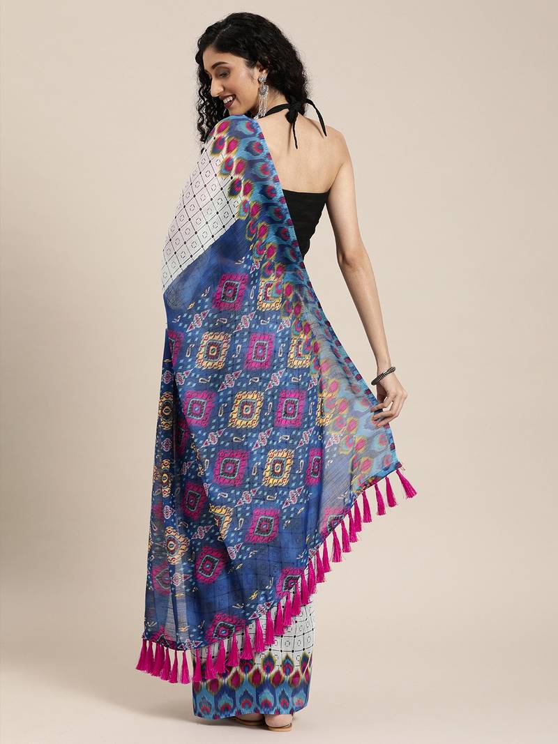 White & Blue Linen Blend Checked Ikat Saree