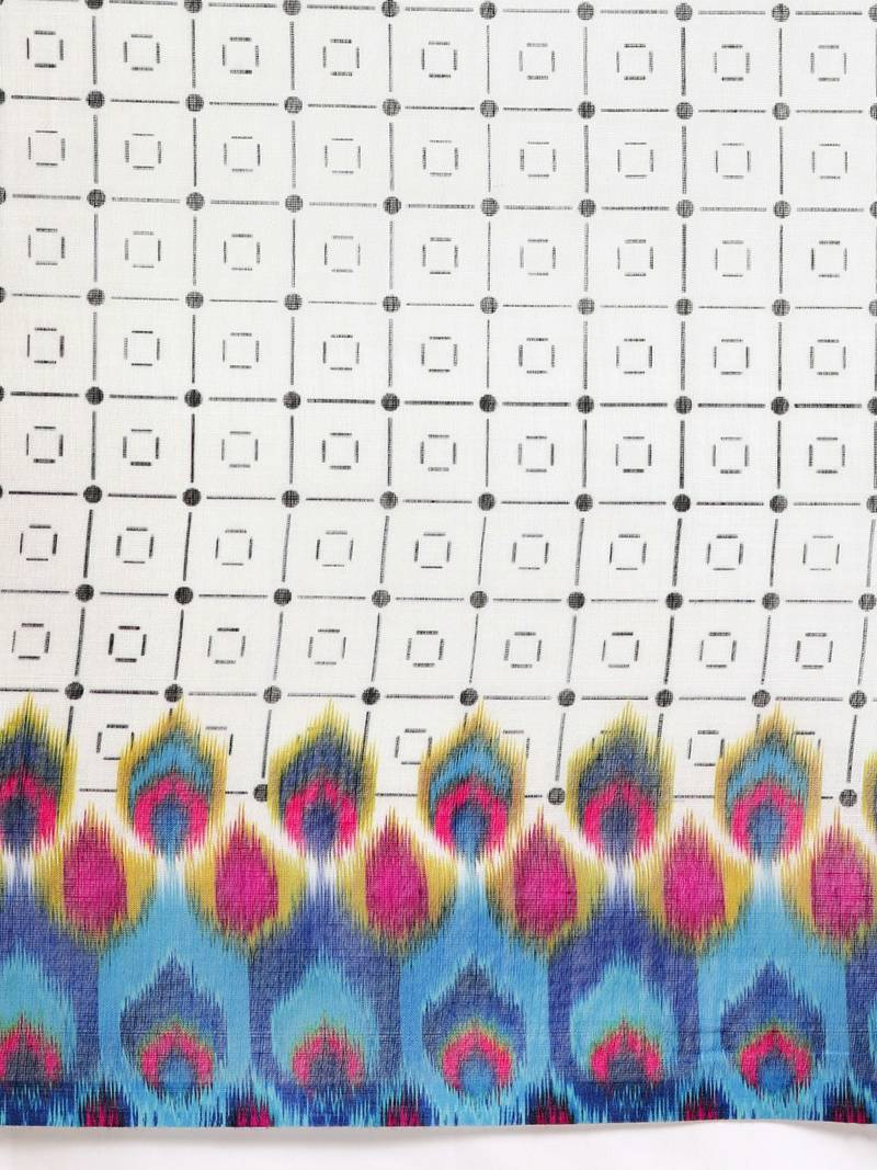 White & Blue Linen Blend Checked Ikat Saree