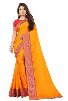 Mustar Vichitra Silk Bollywood Saree With Embriodered Lace  and Blouse Piece. 1